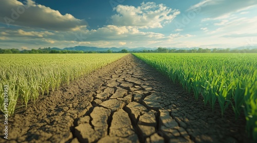 An image overlay showing dry, cracked earth gradually transitioning into lush, green fields, symbolizing environmental recovery.