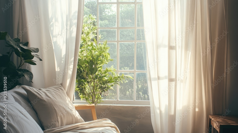 Breezy curtains by an open window, with natural light filling the room, evoking a calm and relaxed mood.