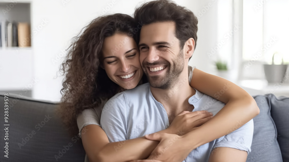 Portrait of a happy couple hugging and smiling at home, sitting on the couch in the living room. Portrait of a happy couple hugging and smiling at home, sitting on the couch in the living room.
