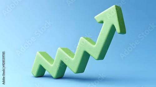 Green zigzag upward arrow on blue background representing growth, progress, and success in business or finance, with a 3D effect.