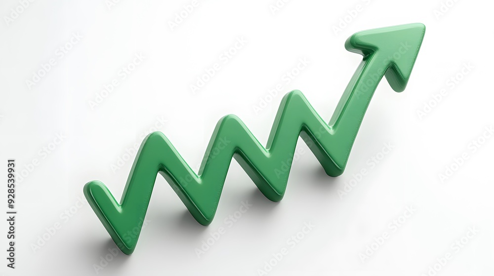 Green zigzag upward arrow symbolizing growth, success, and progress in business and finance on a white background.