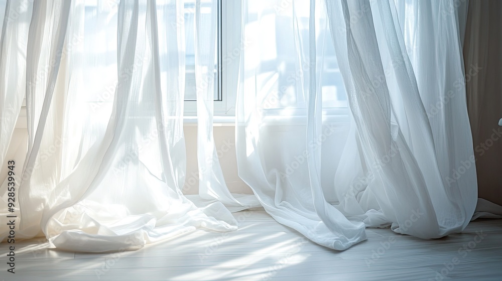 Soft white curtains fluttering in the breeze by an open window, creating a serene and peaceful atmosphere. Soft white curtains fluttering in the breeze by an open window, creating a serene and peaceful atmosphere.