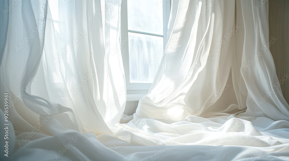 Soft white curtains fluttering in the breeze by an open window, creating a serene and peaceful atmosphere. Soft white curtains fluttering in the breeze by an open window, creating a serene and peaceful atmosphere.