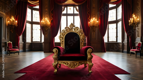 A red chair with a gold frame and red curtains with candles on it.