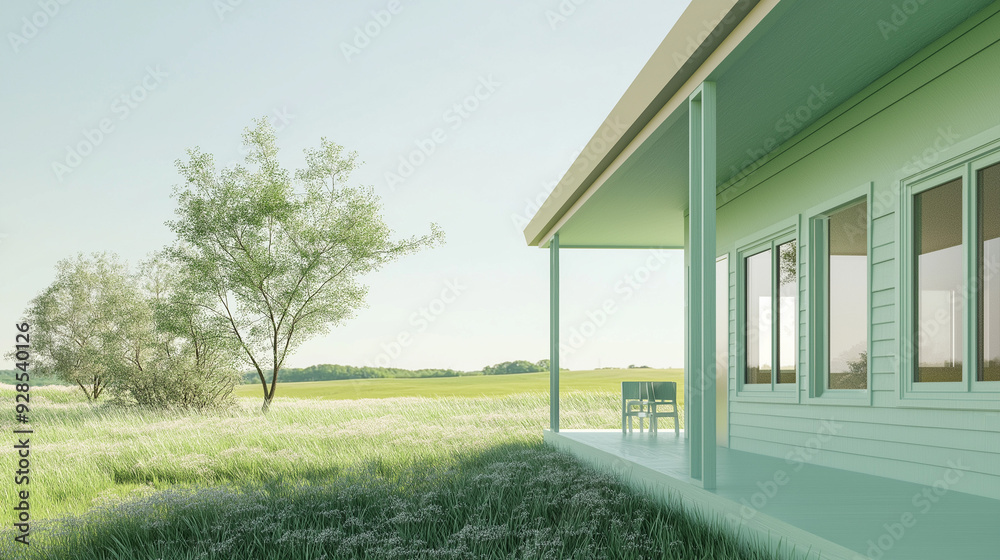 A pastel green house with a minimalist front porch clean lines A pastel green house with a minimalist front porch clean lines