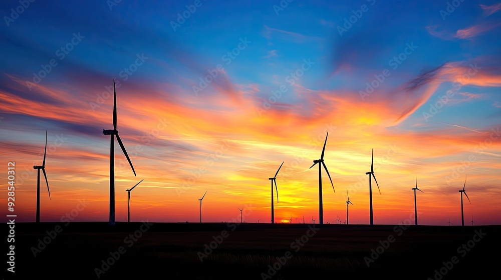 Obraz premium Wind turbines silhouetted by a brilliant sunset, creating a striking contrast between technology and nature.