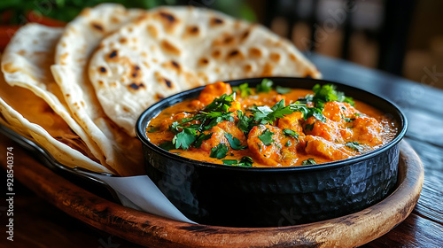 A bowl of Indian butter chicken with a side of naan bread. The dish is garnished with fresh cilantro.  AI generated photo