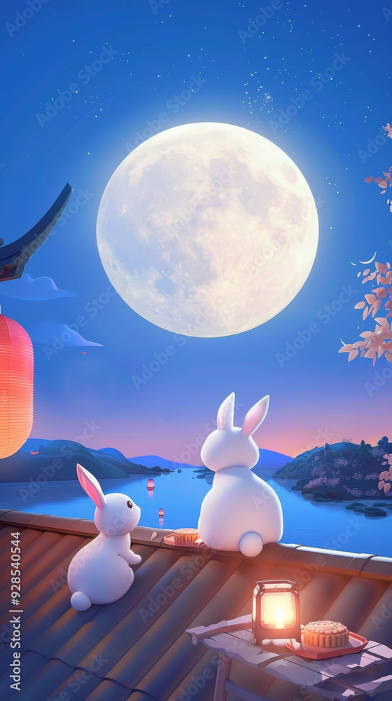 A full round moon rises in the night sky, a little rabbit sits on a ...