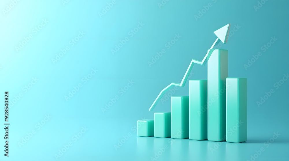 Minimalist 3D bar chart with rising arrow on blue background symbolizing business growth, success, and financial progress.