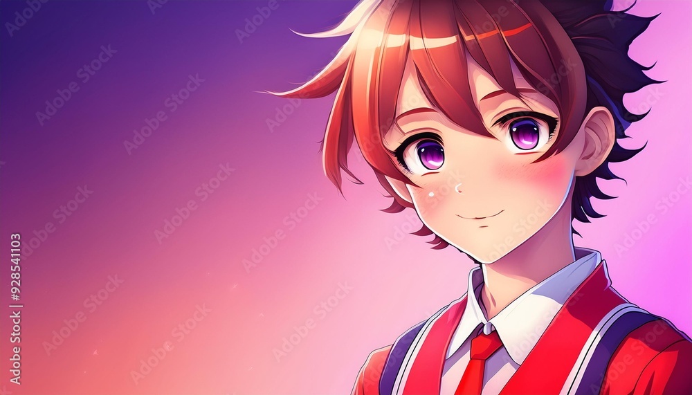 Manga character in red and white school uniform against purple-pink background with space for text. Manga character in red and white school uniform against purple-pink background with space for text.