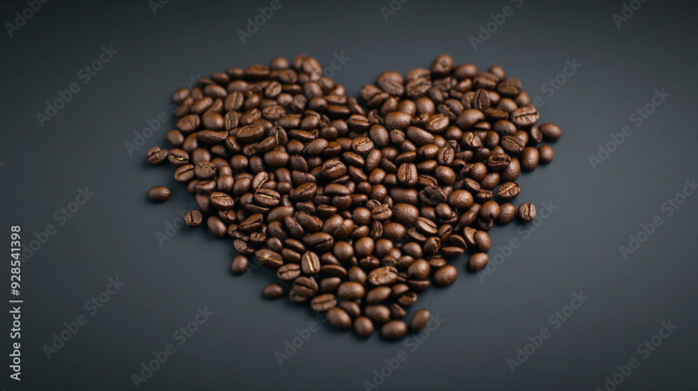 Heart made of coffee beans on a dark background, cafe, top view. Heart made of coffee beans on a dark background, cafe, top view.