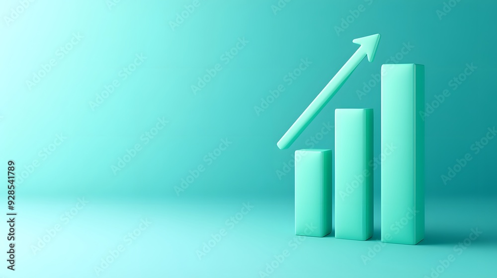 Minimalistic 3D bar graph with an upward arrow on a teal background, symbolizing growth, success, and progress in business or finance.