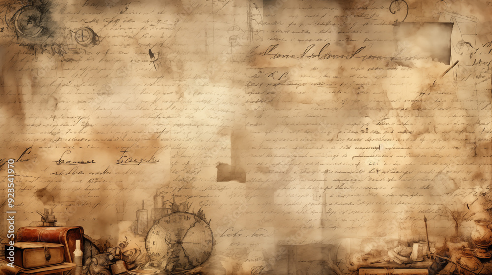 Obraz premium Old Parchment Background With Handwritten Text And Antique Clocks In Sepia Tones