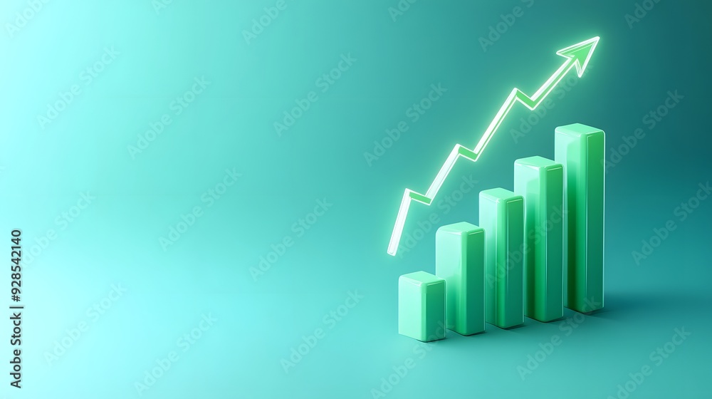Rising bar graph chart with upward arrow on green background depicting growth, progress, success, and business analytics. Rising bar graph chart with upward arrow on green background depicting growth, progress, success, and business analytics.