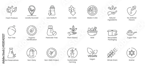 Illustration Icons of 100% Juice, Allergen-Free, Caffeine-Free, Free Artery, Farm-Fresh, Fat-Free, Whole Grain, Made in USA, Nut-Free, Organic Certification, Pesticide-Free, Plant-Based, Raw