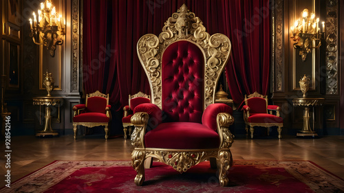 A red chair with a gold frame and red curtains with candles on it.