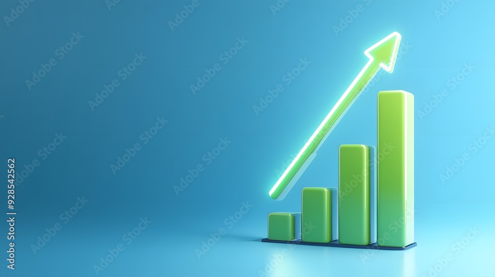 Rising green bar graph with an upward arrow on a blue background symbolizing business growth, success, and positive trend. Rising green bar graph with an upward arrow on a blue background symbolizing business growth, success, and positive trend.