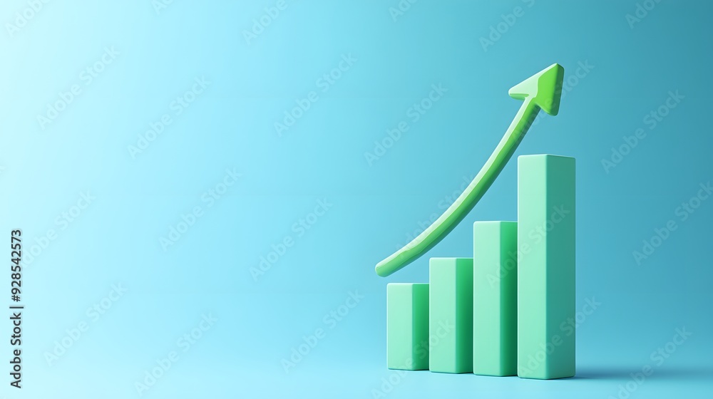 Rising green bar graph with upward arrow on blue background, symbolizing growth, success, financial gain, and business progress. Rising green bar graph with upward arrow on blue background, symbolizing growth, success, financial gain, and business progress.