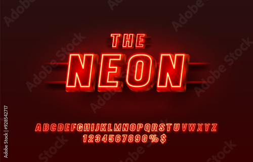 Neon city color red font. English alphabet and numbers sign. Vector illustration
