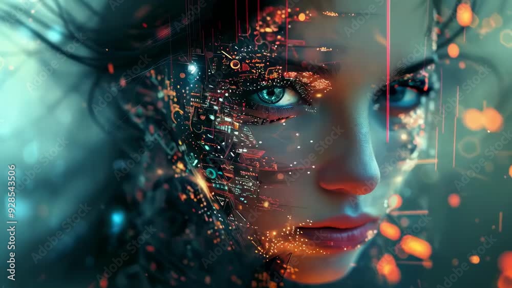 A close-up of a young woman with glowing blue eyes, her face adorned with digital enhancements and circuitry patterns. The futuristic design suggests cyberpunk influences. The mood is intense, with a A close-up of a young woman with glowing blue eyes, her face adorned with digital enhancements and circuitry patterns. The futuristic design suggests cyberpunk influences. The mood is intense, with a