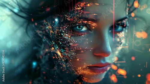 Wallpaper Mural A close-up of a young woman with glowing blue eyes, her face adorned with digital enhancements and circuitry patterns. The futuristic design suggests cyberpunk influences. The mood is intense, with a Torontodigital.ca