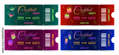 Set of Cocktail Party Invitation Tickets Design with colorful drinks, event details and admit one