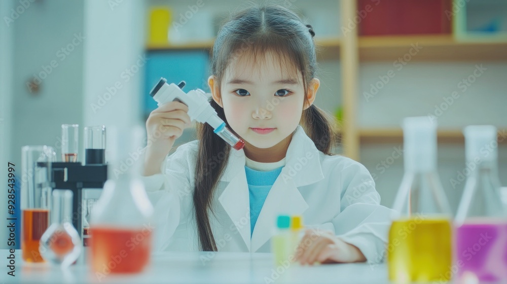 Little Scientist Studying with Pipette in Lab Little Scientist Studying with Pipette in Lab