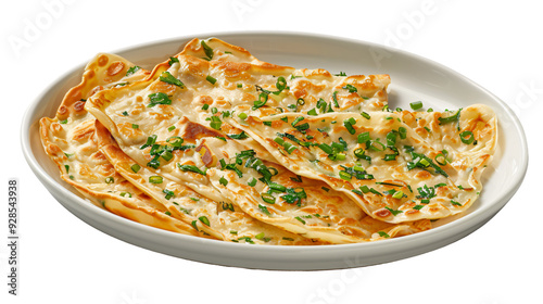 Detailed shot of crispy chinese scallion pancakes topped with vibrant green onions, served on a clean white plate against a clear background