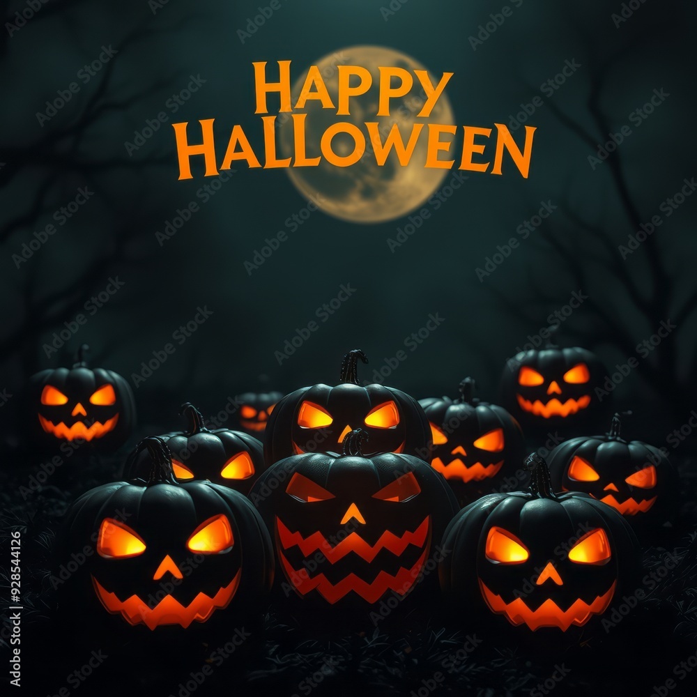 Halloween background with scary faces pumpkins are glowing in dark black and gold template for halloween 3d render 3d illustration backgrounds for halloween Illustration Halloween background with scary faces pumpkins are glowing in dark black and gold template for halloween 3d render 3d illustration backgrounds for halloween Illustration