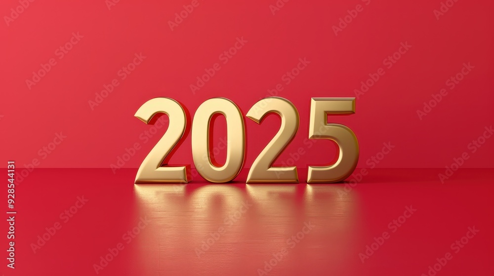 Trendy golden inscription 2025, red colors, gold dust. New Year greeting card lettering. Generative AI Trendy golden inscription 2025, red colors, gold dust. New Year greeting card lettering. Generative AI