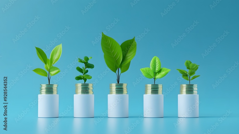 Five small plants growing in light bulb bases against a blue background, symbolizing eco-friendly, renewable energy, and sustainability concepts. Five small plants growing in light bulb bases against a blue background, symbolizing eco-friendly, renewable energy, and sustainability concepts.