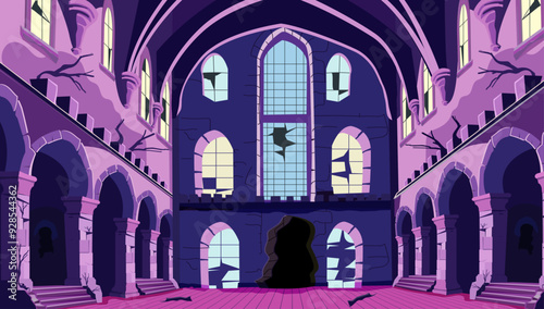 creepy, ballroom in medieval royal palace with broken floor tiles, cracked columns and arched windows, dusty cobwebs and empty torches on stone walls, scary dark corridor creepy Halloween scene