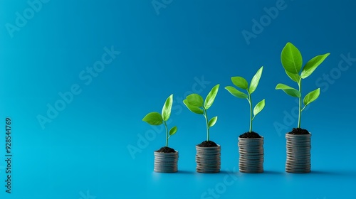 Four plants growing in ascending order from stacks of coins against a blue background, symbolizing investment and financial growth. photo