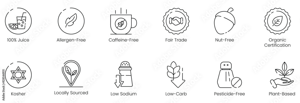 Fototapeta premium 100% Juice, Allergen-Free, Caffeine-Free, Fair Trade, Nut-Free, Organic Certification, Kosher, Locally Sourced, Low Sodium, Low Carb, Pesticide-Free, and Plant-Based Vector Illustration Icon Set