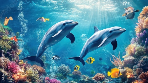 Dolphins Swimming in a Coral Reef