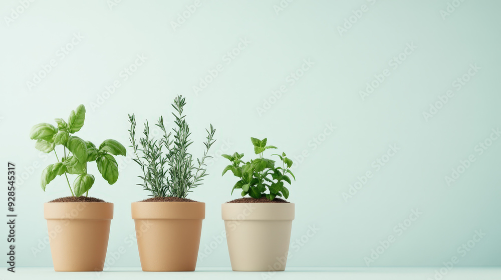 Fototapeta premium 3D illustration of Organic herb garden, pots with fresh basil, mint, and rosemary