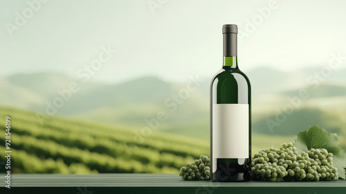 Isolated single full red wine bottle with blank label, standing in green vineyard