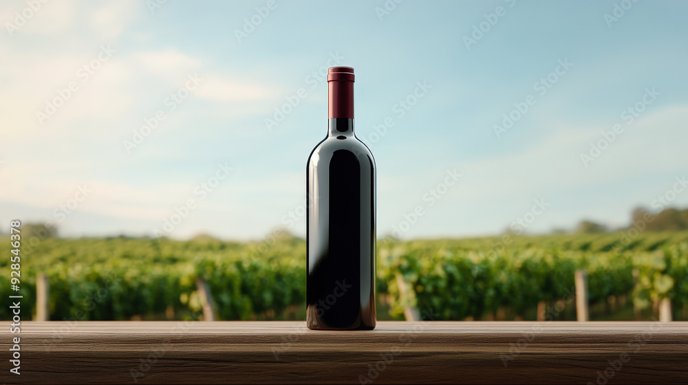 Fototapeta premium Isolated red wine bottle on a vineyard