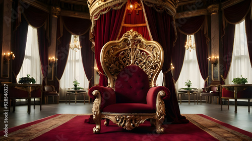 A red chair with a gold frame and red curtains with candles on it.