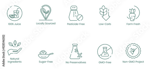 100% Juice, Locally Sourced, Pesticide-Free, Low Carb, Farm Fresh, Natural Ingredients, Sugar-Free, No Preservatives, GMO-Free, and Non-GMO Project Vector Illustration Icon Set