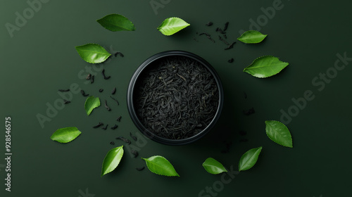Green Organic tea leaves against a dark backdrop