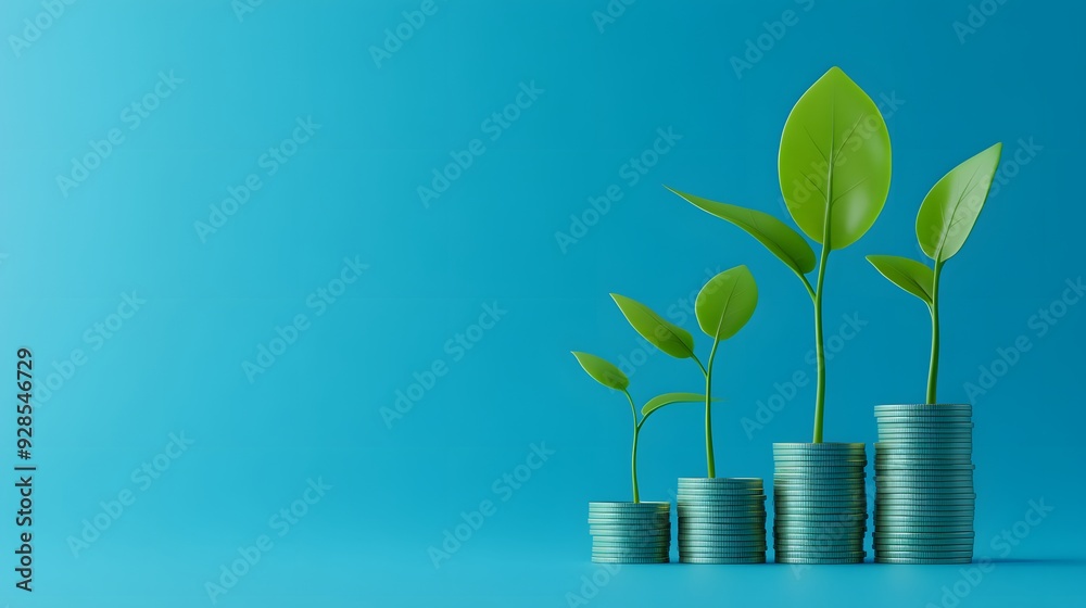 Growing plants on stacks of coins against a blue background, symbolizing financial growth, investment, and economic progress. Growing plants on stacks of coins against a blue background, symbolizing financial growth, investment, and economic progress.