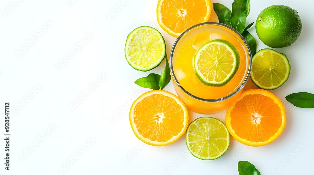 Top view of iced green tea with lime and orange slices, minimalistic design, bright and fresh colors, sharp focus, high-resolution photography, isolated on white background. Top view of iced green tea with lime and orange slices, minimalistic design, bright and fresh colors, sharp focus, high-resolution photography, isolated on white background.