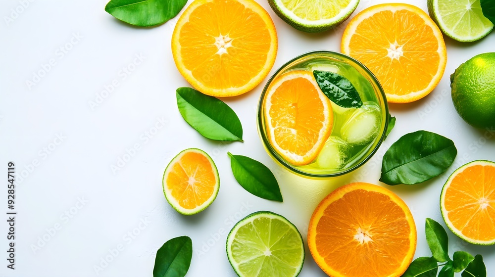 Top view of iced green tea with lime and orange slices, minimalistic design, bright and fresh colors, sharp focus, high-resolution photography, isolated on white background. Top view of iced green tea with lime and orange slices, minimalistic design, bright and fresh colors, sharp focus, high-resolution photography, isolated on white background.