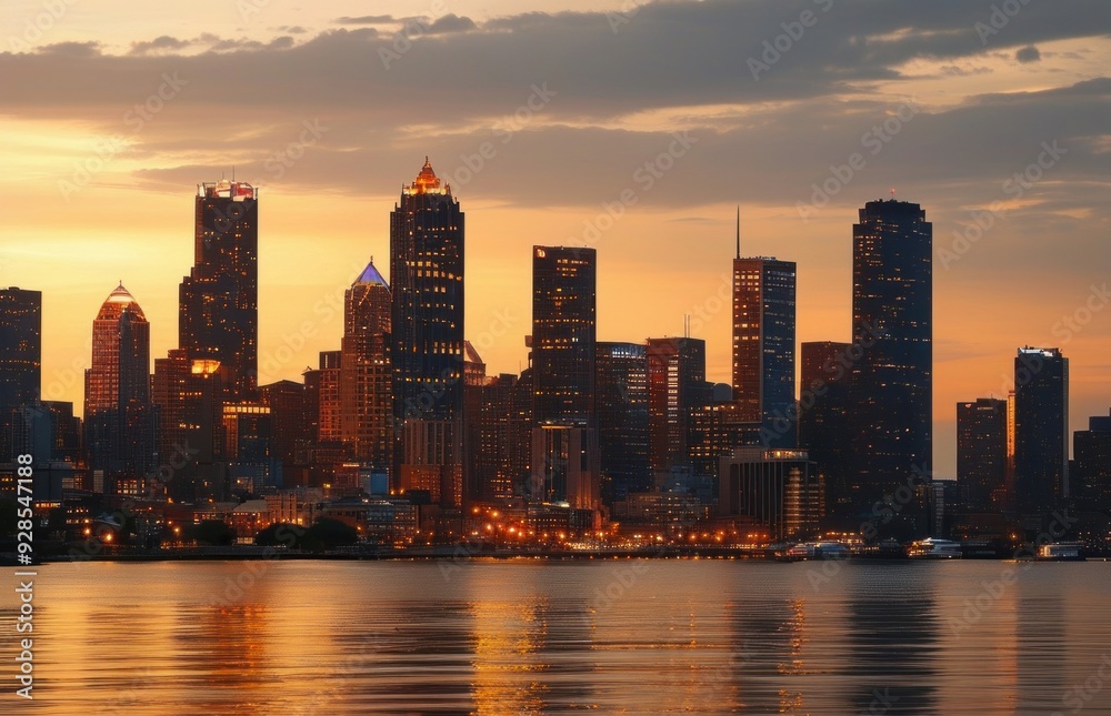 Fototapeta premium City skyline reflected in water at dusk