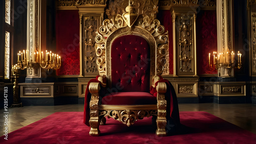 A red chair with a gold frame and red curtains with candles on it.