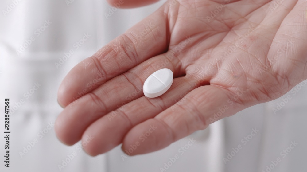 Extreme close-up of a woman's hand presenting a pill on her palm, highlighting medication adherence. Extreme close-up of a woman's hand presenting a pill on her palm, highlighting medication adherence.
