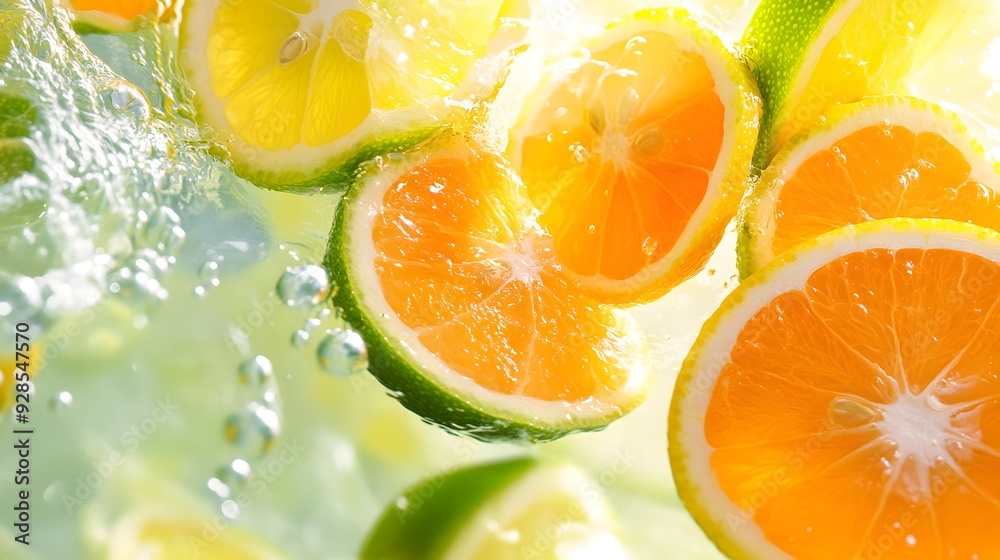 Watercolor depiction of citrus slices floating in water, blending soft hues of orange, yellow, and green, with delicate splashes and a serene atmosphere, Gentle, Artistic, Dreamy.
