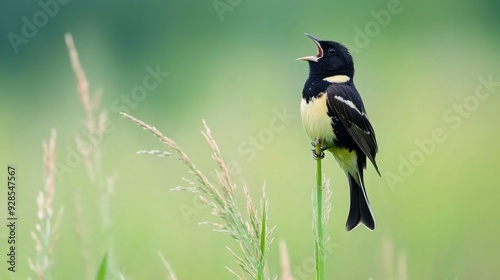 Black-and-Yellow Bird Singing in a Meadow