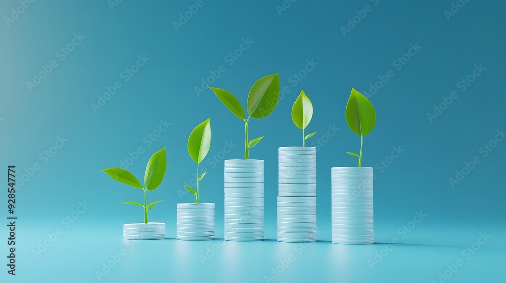 Stacks of coins with growing green plants symbolizing financial growth, investment, and sustainability. Blue background. Stacks of coins with growing green plants symbolizing financial growth, investment, and sustainability. Blue background.